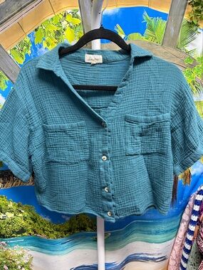 Love Notes Gauze Short-Sleeve Button-Up Top in Teal